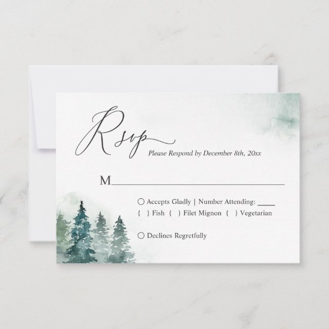 Winter Forest Pine Trees Wedding RSVP Card Karte (Vorderseite)