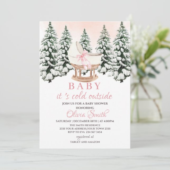 Winter Forest Pink It's Cold Outside Baby Shower Einladung (Stehend Vorderseite)
