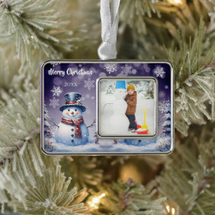 Winter Forest Snowman Foto   Lila Rahmen-Ornament Silber