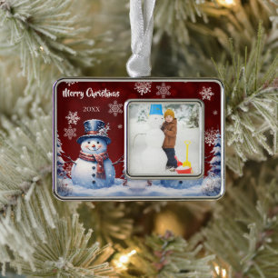 Winter Forest Snowman Foto Rot Rahmen-Ornament Silber