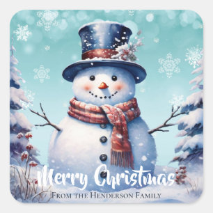 Winter Forest Snowman Frohe Weihnachten   Aquamari Quadratischer Aufkleber
