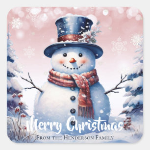 Winter Forest Snowman Frohe Weihnachten   Pink Quadratischer Aufkleber