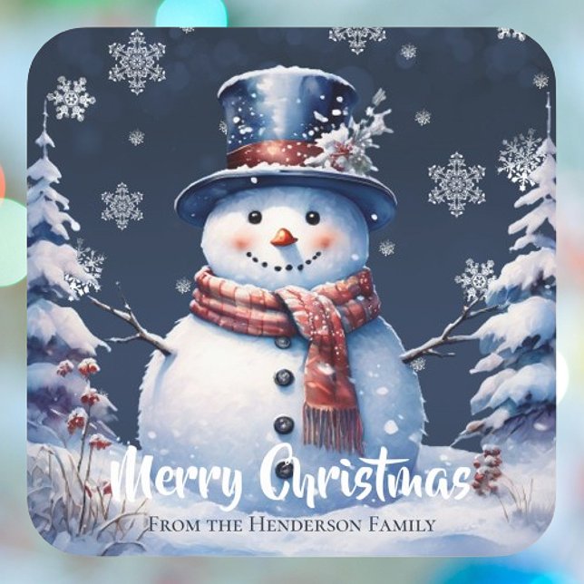 Winter Forest Snowman Frohe Weihnachten Quadratischer Aufkleber (Winter Forest Snowman Merry Christmas Sticker)