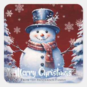 Winter Forest Snowman Frohe Weihnachten Rot Quadratischer Aufkleber
