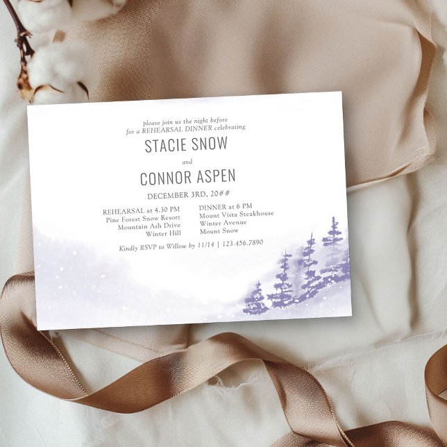 Winter Forest Watercolor Hochzeitsessen Probe Einladung (Wedding Rehearsal Dinner Invitation from my Winter Forest Lavender Wedding Collection)