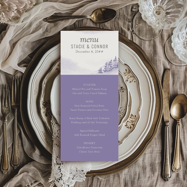 Winter Forest Watercolor Lavender Wedding Menü Menükarte (Wedding Menu from my Winter Forest Lavender Wedding Collection)