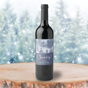 Winter Forest Watercolor Navy Blue Brautparty Weinetikett