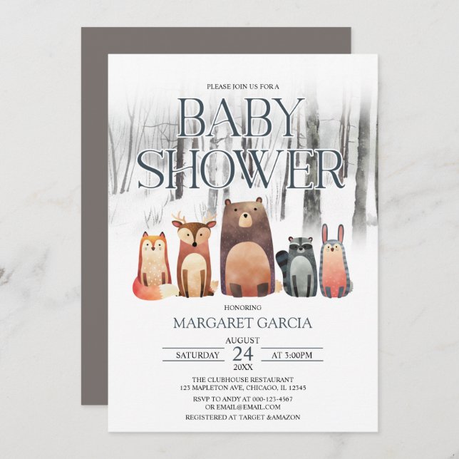 Winter Forest Woodland Animals Kinderdusche Einladung (Vorne/Hinten)