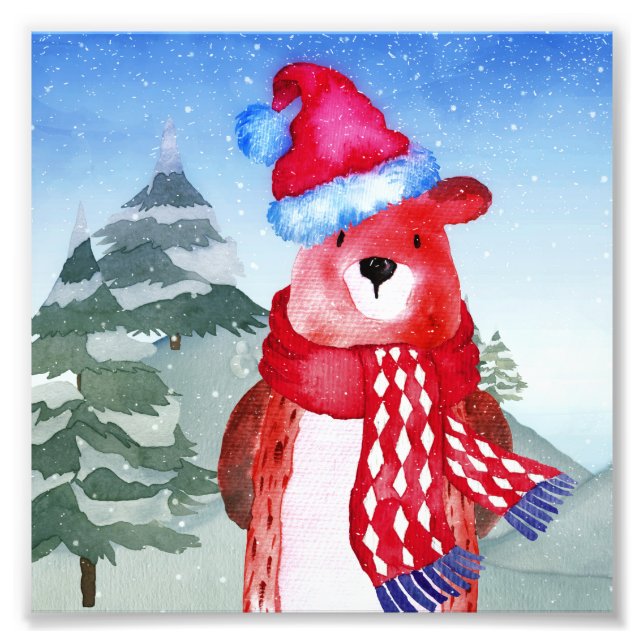 Winter Forest Woodland Friends Bear Illustration Fotodruck (Vorne)