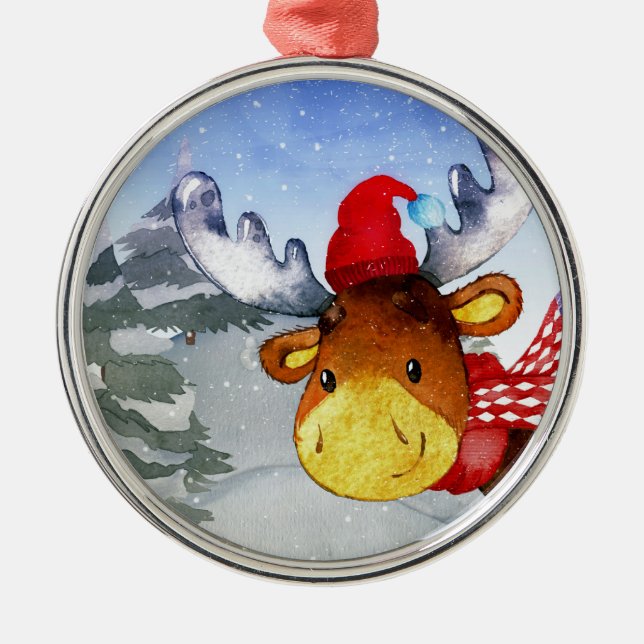 Winter Forest Woodland Friends Deer Illustration Ornament Aus Metall (Vorne)