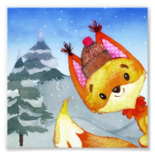 Winter Forest Woodland Friends Fox Illustration Fotodruck