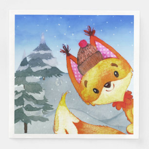 Winter Forest Woodland Friends Fox Illustration Serviette