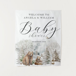 Winter Forest Woodland Rustic Baby Shower Welcome Wandteppich