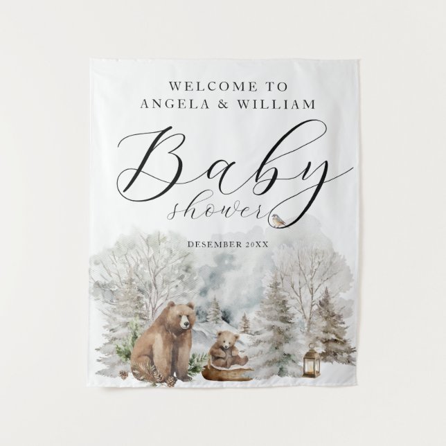 Winter Forest Woodland Rustic Baby Shower Welcome Wandteppich (Vorderseite)