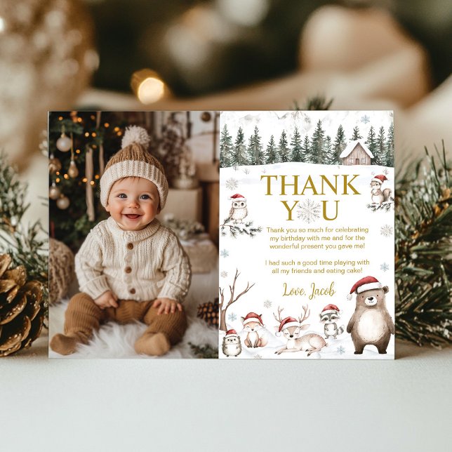 Winter Forest Woodland Tiere Geburtstag Foto Dankeskarte (Von Creator hochgeladen)