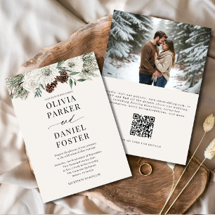Winter Foto QR Code Elegante Evergreen Wedding Einladung