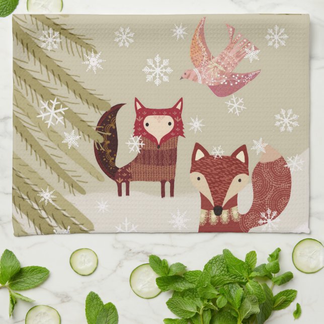 Winter Fox and Dove Kitchtuch Geschirrtuch (Gefaltet)