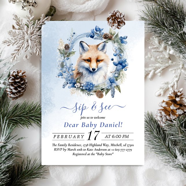 Winter Fox Aquarell Sip und sehen Einladung (Winter Fox Watercolor Sip and See Invitation)