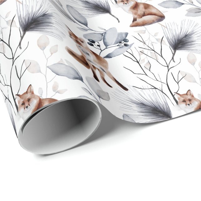 Winter Fox Botanische Wasserfarbe Geschenkpapier (Rolleneckpunkt)