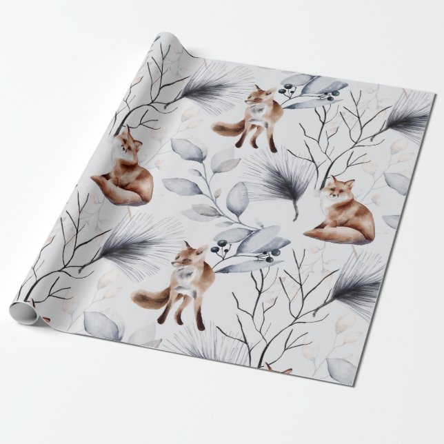 Winter Fox Botanische Wasserfarbe Geschenkpapier (Ungerollt)
