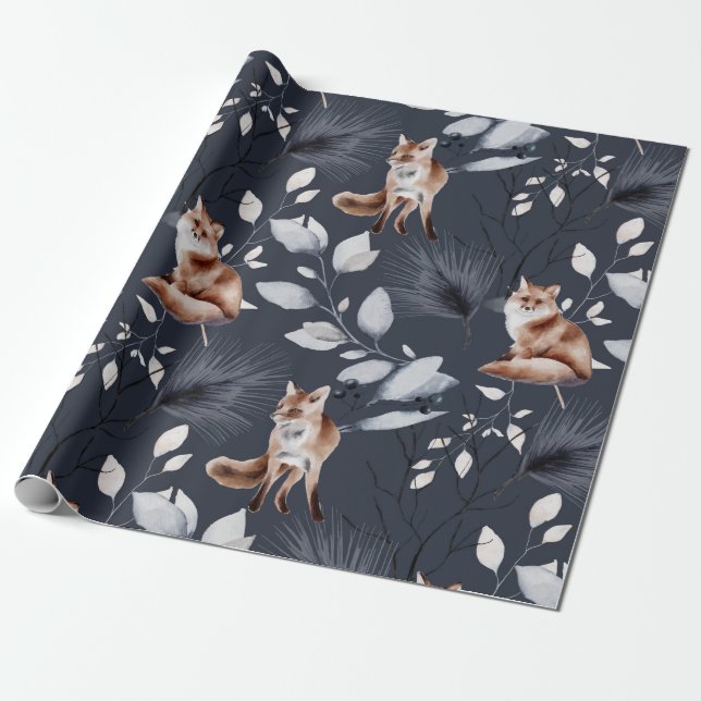 Winter Fox Botanische Wasserfarbe Geschenkpapier (Ungerollt)