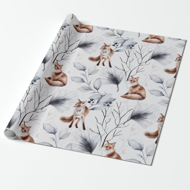 Winter Fox Botanische Wasserfarbe Geschenkpapier (Ungerollt)