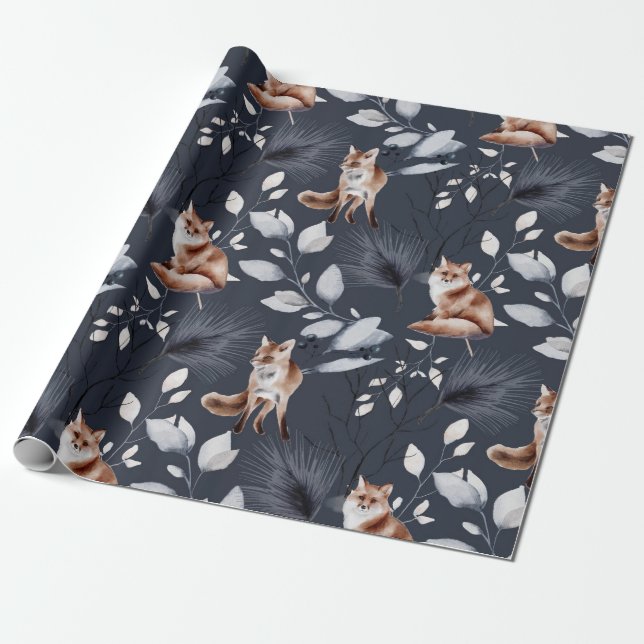 Winter Fox Botanische Wasserfarbe Geschenkpapier (Ungerollt)