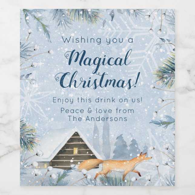 Winter Fox Cabin Schnee Personalisiert Weihnachten Weinetikett (Einzelnes Label)