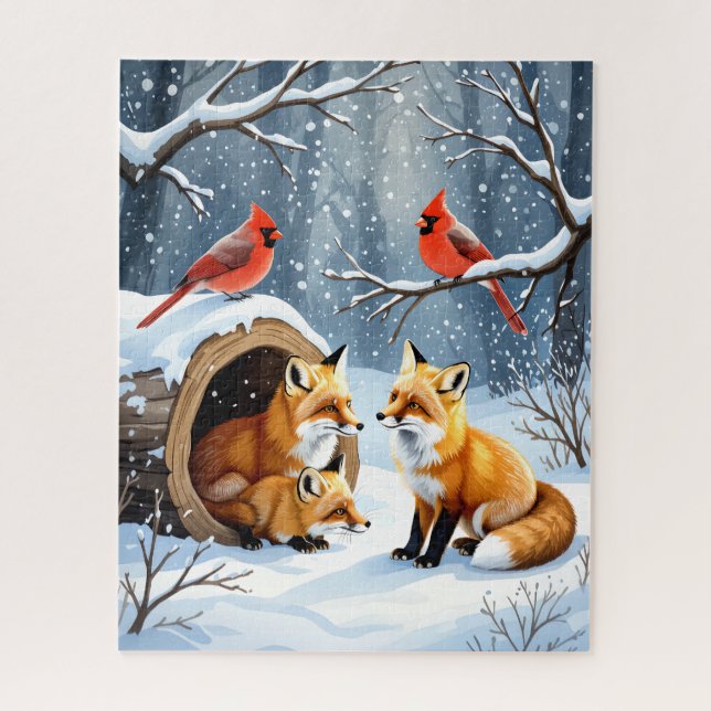 Winter Fox Familie mit Kardinälen im Snowy Forest Puzzle (Vertikal)