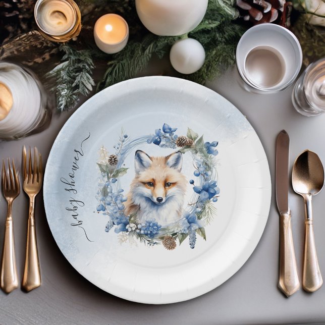 Winter Fox Watercolor Kinderdusche Pappteller (Winter Fox Watercolor Baby Shower Paper Plates)