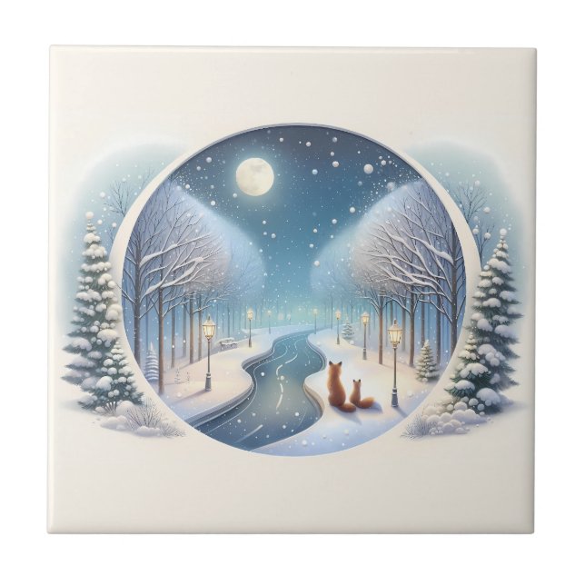 Winter Foxes by Moonlit Snowy River Fliese (Vorderseite)