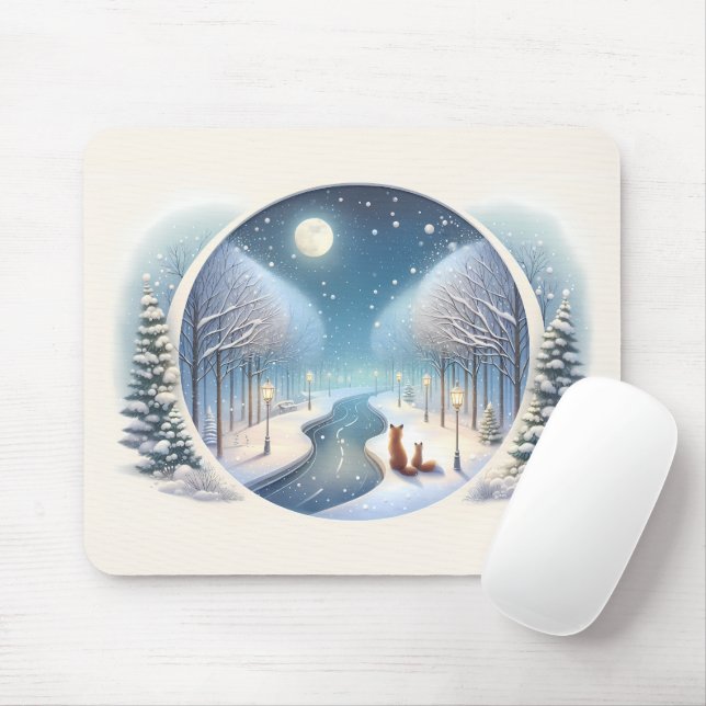 Winter Foxes by Moonlit Snowy River Mousepad (Mit Mouse)