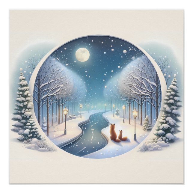 Winter Foxes by Moonlit Snowy River Poster (Vorderseite)