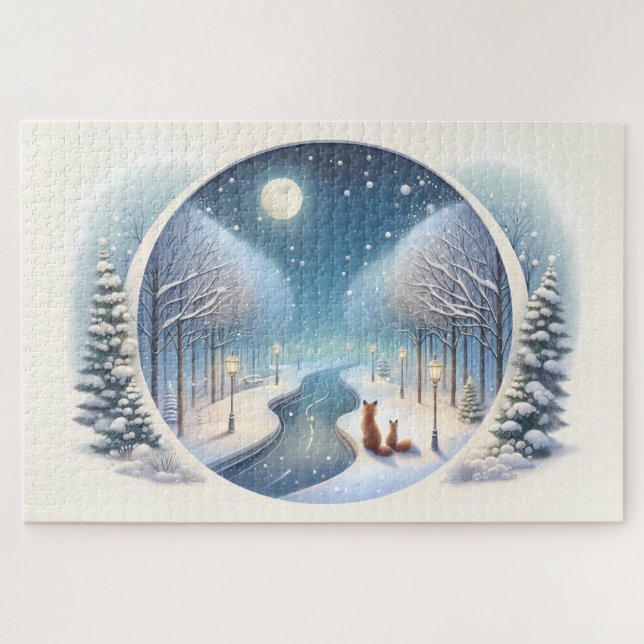 Winter Foxes by Moonlit Snowy River Puzzle (Horizontal)