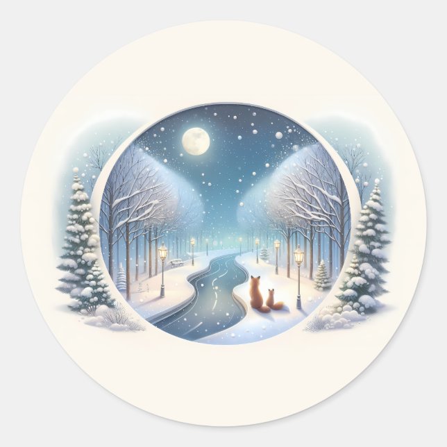 Winter Foxes by Moonlit Snowy River Runder Aufkleber (Vorderseite)