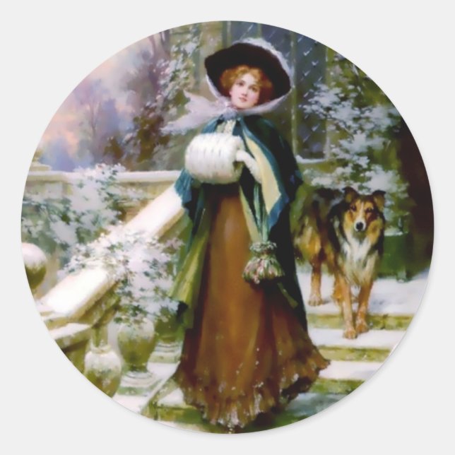 Winter-Frauen-Collie-Hundeviktorianische Handmuffe Runder Aufkleber (Vorderseite)