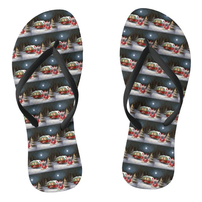 Winter French Bulldog Caravan Weihnachtsabenteuer Flip Flops (Fußbett)