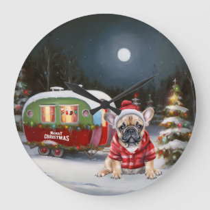Winter French Bulldog Caravan Weihnachtsabenteuer Große Wanduhr