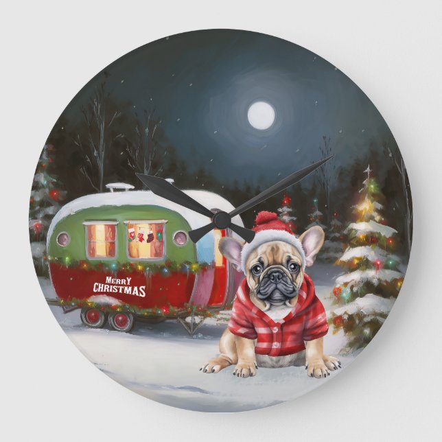 Winter French Bulldog Caravan Weihnachtsabenteuer Große Wanduhr (Vorderseite)