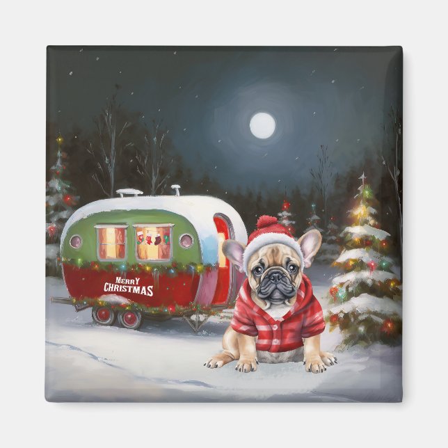 Winter French Bulldog Caravan Weihnachtsabenteuer Magnet (Vorne)