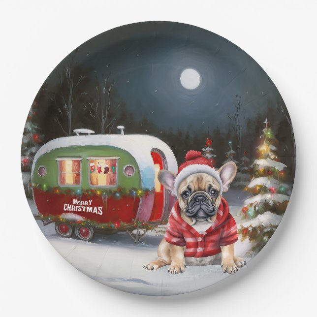 Winter French Bulldog Caravan Weihnachtsabenteuer Pappteller (Vorderseite)