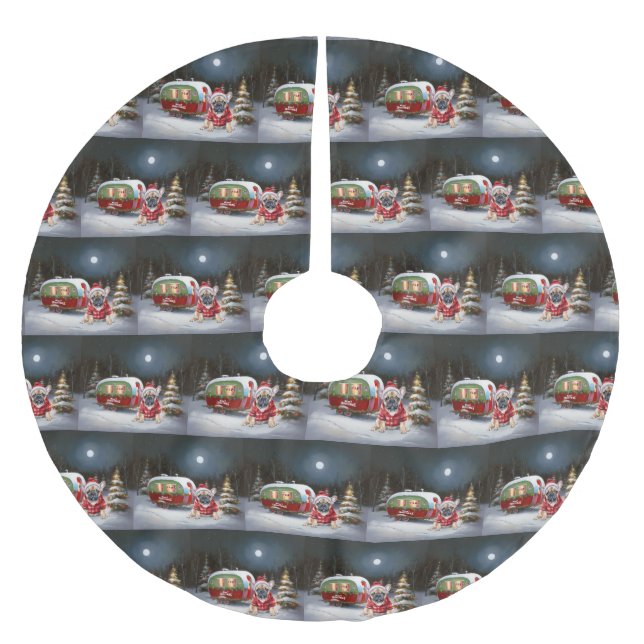 Winter French Bulldog Caravan Weihnachtsabenteuer Polyester Weihnachtsbaumdecke (Vorderseite)