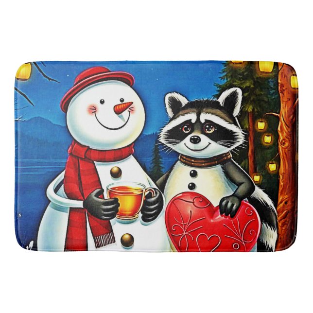 Winter Freunde: Schneemann & Waschbär Joy Design  Badematte (Vorderseite)