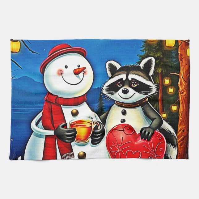 Winter Freunde: Schneemann & Waschbär Joy Design  Geschirrtuch (Horizontal)