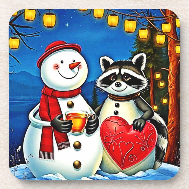 Winter Freunde: Schneemann & Waschbär Joy Design  Getränkeuntersetzer (Vorderseite)