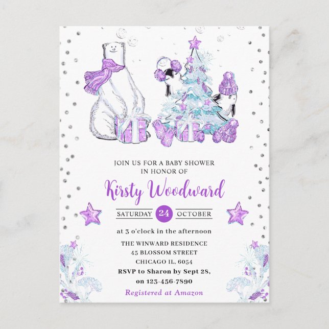 Winter Friends Polar Bear & Pinguins Baby Dusche Postkarte (Vorderseite)