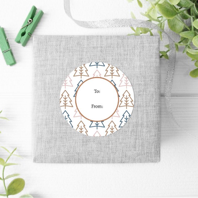 Winter Fun Boho Trees Blue Gold Weihnachten Runder Aufkleber (Von Creator hochgeladen)