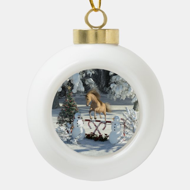 Winter Fun Jumping Pferd und Snowmen Keramik Kugel-Ornament (Vorderseite)