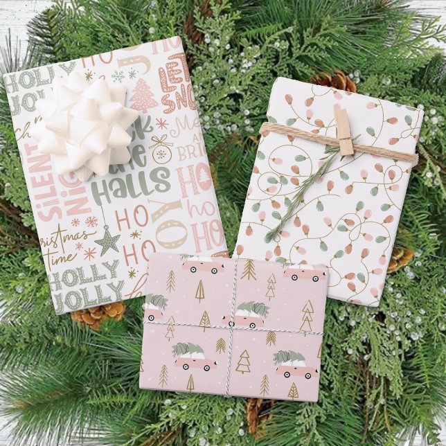 Winter Fun Pink Green Pastel Holly Jolly Weihnacht Geschenkpapier Set (Von Creator hochgeladen)