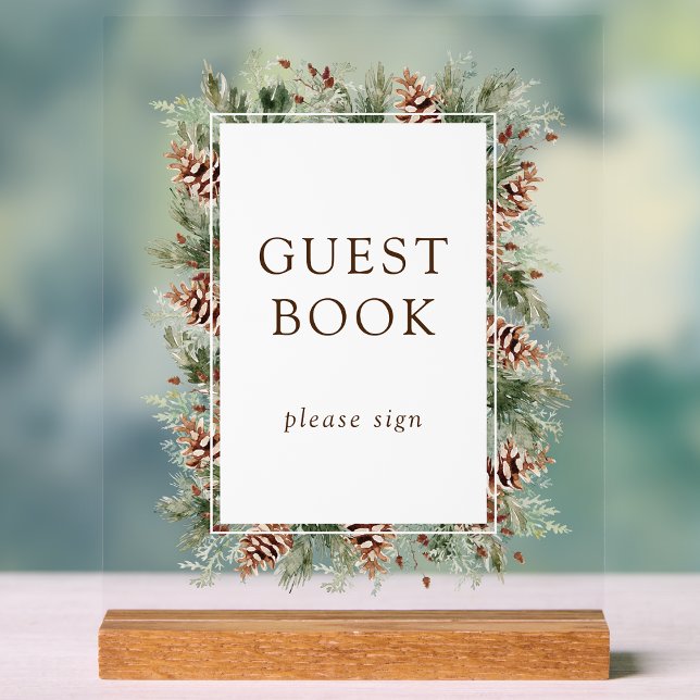 Winter Gästebuch Acrylschild (Watercolor Pine Greenery Winter Guest Book Acrylic Sign by Painted Paperie)